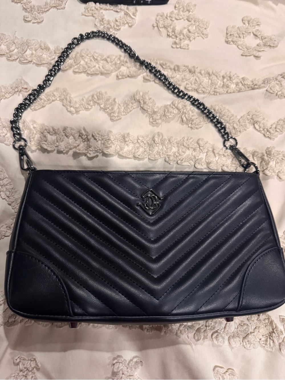 Quilted Chevron Shoulder Bag with Chain Handle - Black